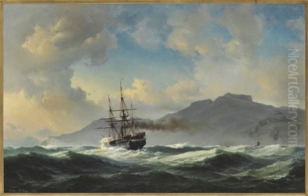 Seascape With Steam Frigate Off A Rocky Coast Oil Painting by Daniel Hermann Anton Melbye