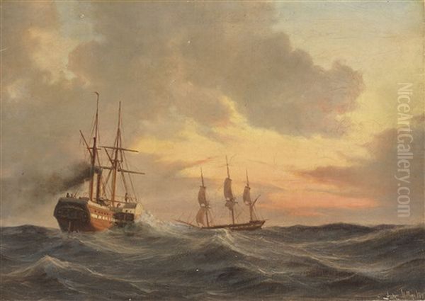 Dampfsegler Und Dreimaster Auf Bewegter See Oil Painting by Daniel Hermann Anton Melbye