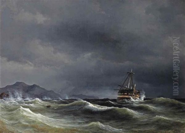 A Sailing Vessel In Rough Sea Oil Painting by Daniel Hermann Anton Melbye