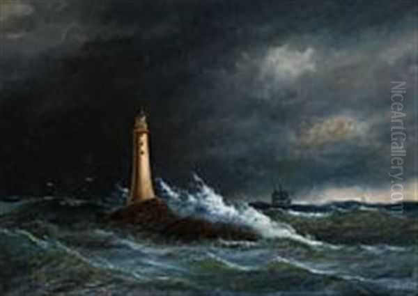 A Storm At Eddystone Lighthouse Oil Painting by Daniel Hermann Anton Melbye