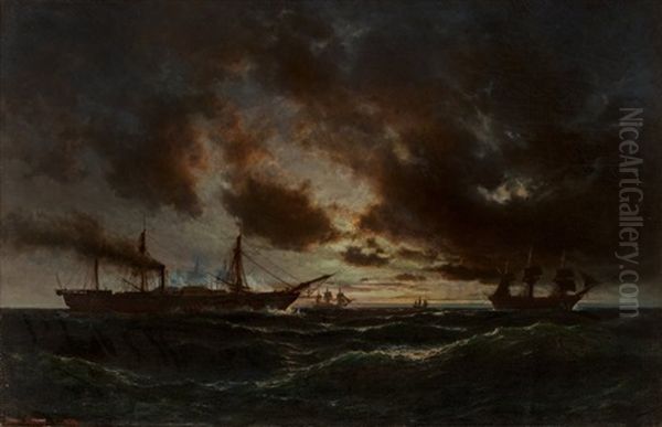 Ships In A Rough Sea, 1859 Oil Painting by Daniel Hermann Anton Melbye