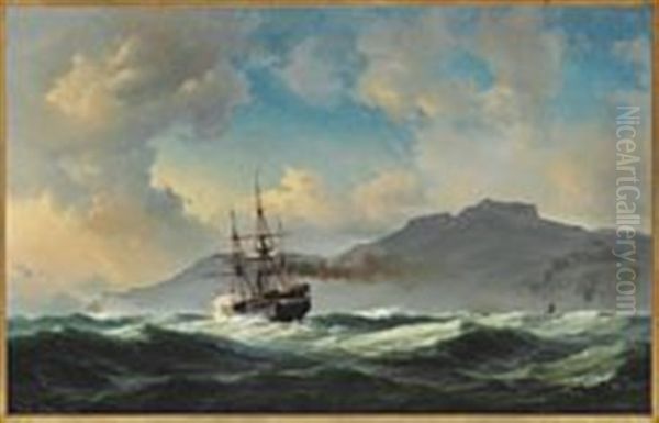 Seascape With Steam Frigate Off A Rocky Coast Oil Painting by Daniel Hermann Anton Melbye