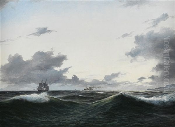 Segelschiff Und Besegelter Dampfer Auf See Vor Einer Kuste Oil Painting by Daniel Hermann Anton Melbye