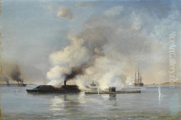 The Battle Of Hampton Roads; Moniter V. Merrimac Oil Painting by Daniel Hermann Anton Melbye