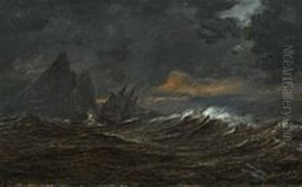 The Danish Frigate Gefion In Stormy Weather Near Gibraltar Oil Painting by Daniel Hermann Anton Melbye