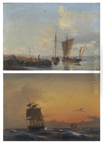 Bateaux Sur La Cote; Bateaux Le Soir (2 Works) Oil Painting by Daniel Hermann Anton Melbye