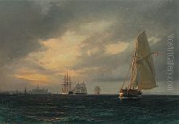 Seascape At Sunset Off The Coast Of Kronborg Castle Oil Painting by Daniel Hermann Anton Melbye