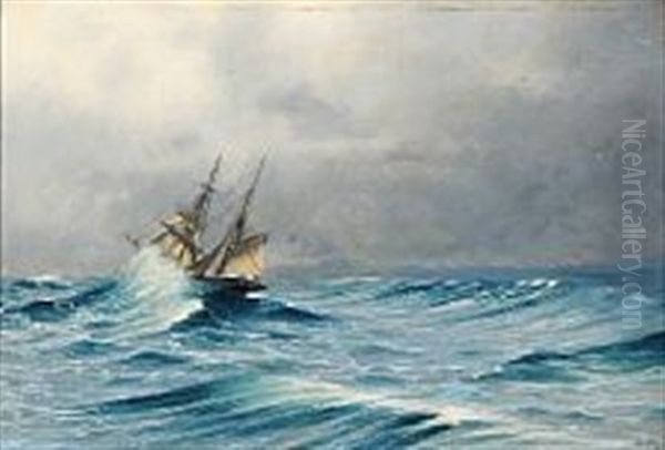 A Ship In Rough Seas Oil Painting by Daniel Hermann Anton Melbye