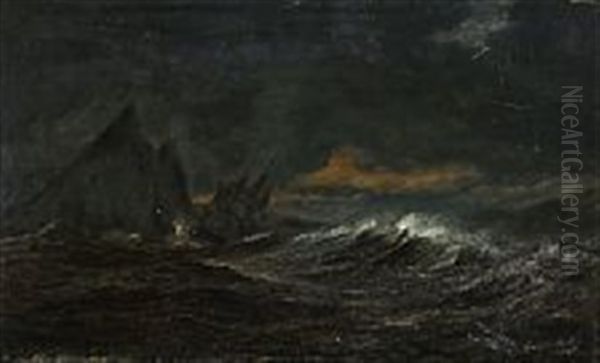 The Danish Frigate Gefion In Stormy Weather Near Gibraltar Oil Painting by Daniel Hermann Anton Melbye