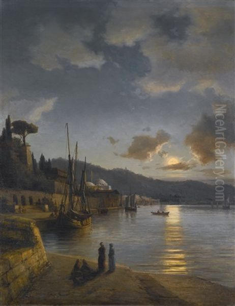 A Turkish Harbour By Moonlight Oil Painting by Daniel Hermann Anton Melbye