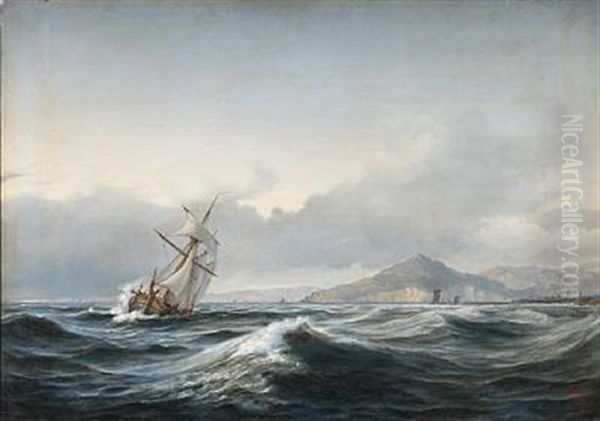 Seascape With A Sailing Ship In Rough Sea. In The Background A Rocky Coast by Daniel Hermann Anton Melbye