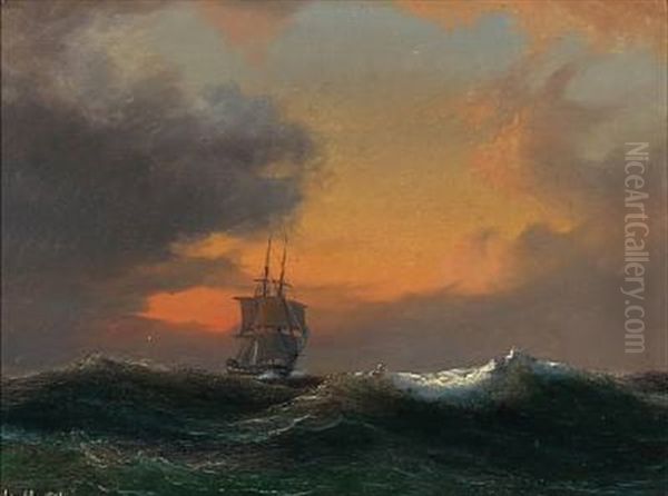 Seascape With A Sailing Ship In Rough Sea At Sunset Oil Painting by Daniel Hermann Anton Melbye