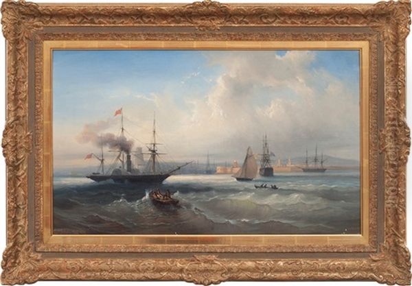 Ships Off The Coast Of France Oil Painting by Daniel Hermann Anton Melbye