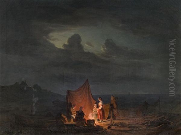 Fischerfamilie Am Offenen Feuer Vor Nachtlicher Kustenlandschaft Der Ostsee Oil Painting by Daniel Hermann Anton Melbye