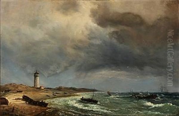 Fishermen On Skagen Beach With Det Hvide Fyr (the White Lighthouse) In The Background Oil Painting by Daniel Hermann Anton Melbye