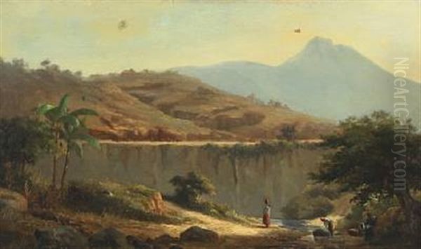 Mountainscape With Women Washing Clothes In The River, Probably Morocco Oil Painting by Daniel Hermann Anton Melbye