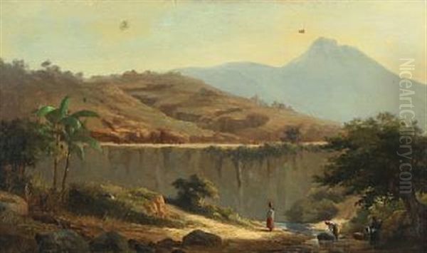 Mountainscape With Women Washing Clothes In The River, Probably Marocco Oil Painting by Daniel Hermann Anton Melbye