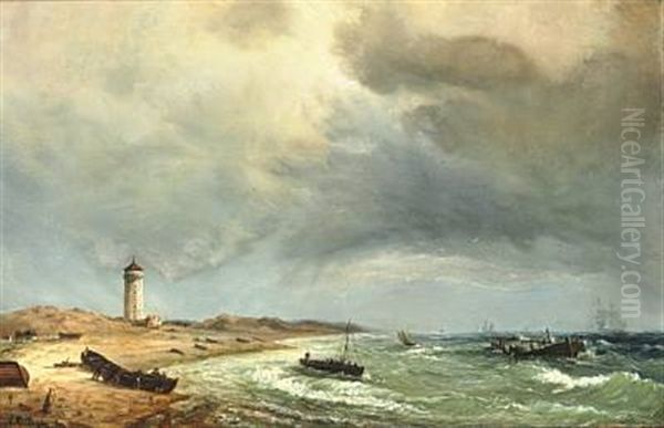 Fishermen On Skagen Beach With Det Hvide Fyr (the White Lighthouse) In The Background Oil Painting by Daniel Hermann Anton Melbye