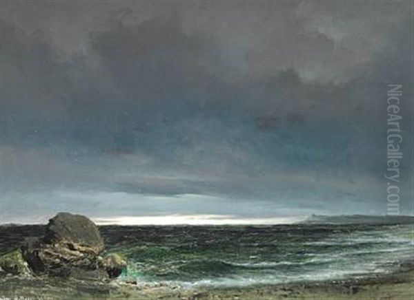 Coastal Scene From Nordsjaelland With A View Over The Sea Towards Kullen, Sweden. Dark Grey Sky, With The Sun Breaking Through In The Horizon Oil Painting by Daniel Hermann Anton Melbye