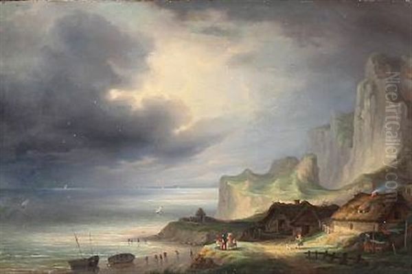 Coastal Scene With People On The Beach Looking Out Over The Sea Oil Painting by Daniel Hermann Anton Melbye