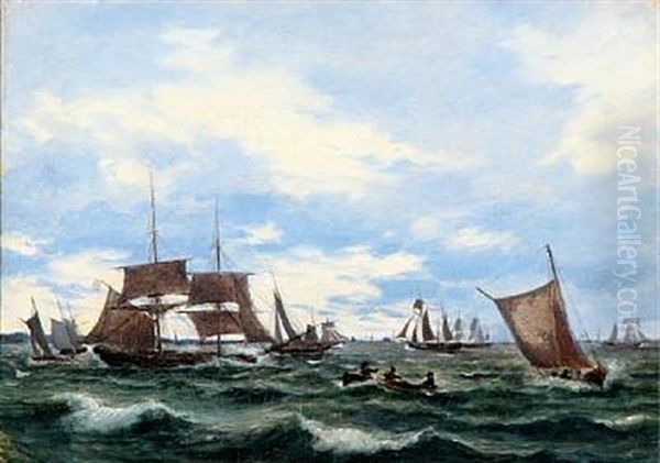 Ships On The Sound (oresund) Oil Painting by Daniel Hermann Anton Melbye