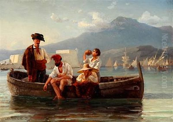 Four Italians In A Rowboat With Sailing Ships And Mountains In The Background Oil Painting by Daniel Hermann Anton Melbye