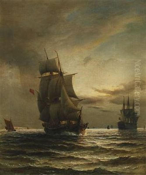 Marine With Several Ships Oil Painting by Daniel Hermann Anton Melbye