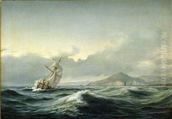 Seascape With A Sailing Ship In Rough Sea. In The Background A Rocky Coast Oil Painting by Daniel Hermann Anton Melbye