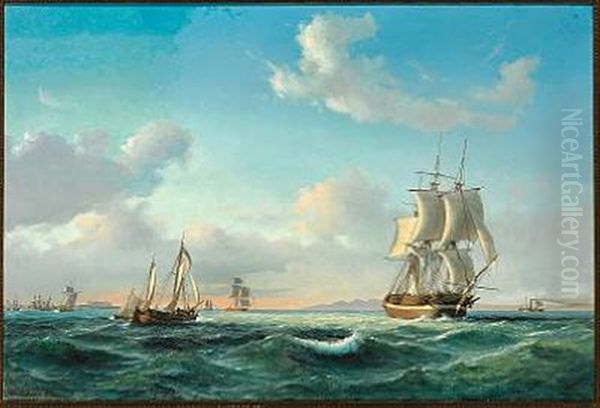 The Sailing Ship Johanna And Other Vessels In Sundet Off Kronborg Castle Oil Painting by Daniel Hermann Anton Melbye