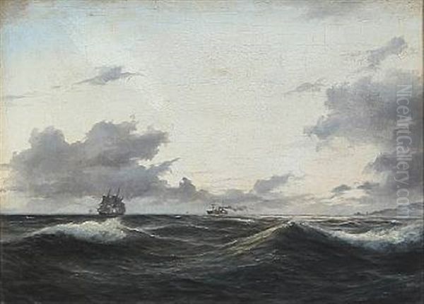 Seascape With Sailing Ships On Open Sea Oil Painting by Daniel Hermann Anton Melbye