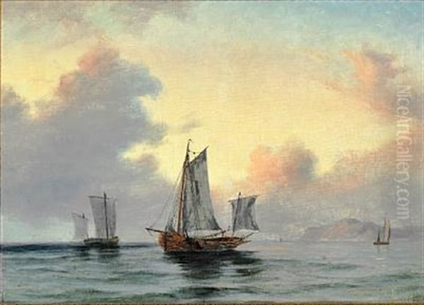 Fishing Wessels Off The Coast Oil Painting by Daniel Hermann Anton Melbye