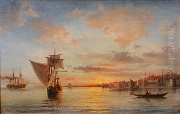 Ships Off Constantinople Oil Painting by Daniel Hermann Anton Melbye