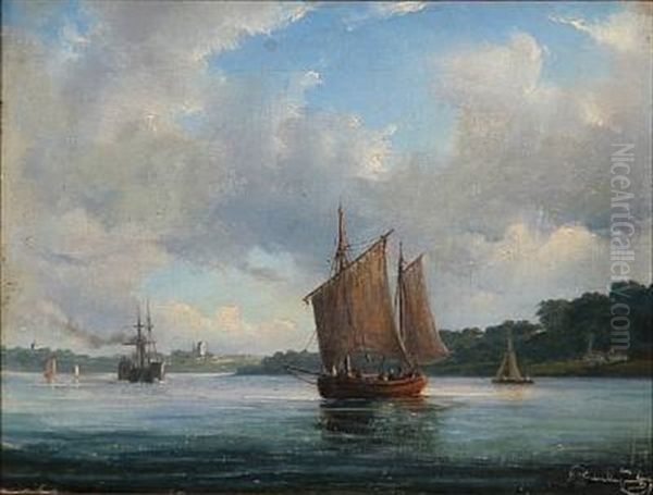 Fjord Scene With Fishing Boats And A Paddle Steamer Oil Painting by Daniel Hermann Anton Melbye