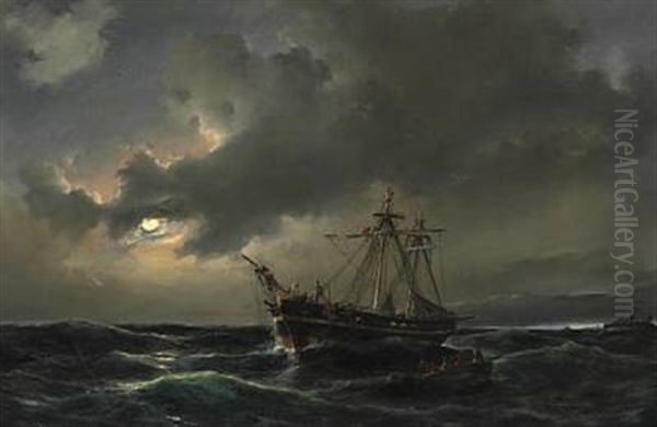 Night Time At Sea With Sailors Being Rescued From A Sinking Ship In Moonlight Oil Painting by Daniel Hermann Anton Melbye