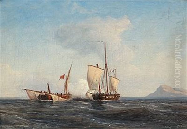 Two Sailing Ships Fighting Against Each Other Oil Painting by Daniel Hermann Anton Melbye