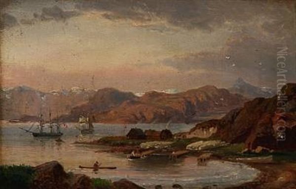 Liner Off A Coast Near A Trading Station Or Settlement (greenland?) Oil Painting by Daniel Hermann Anton Melbye