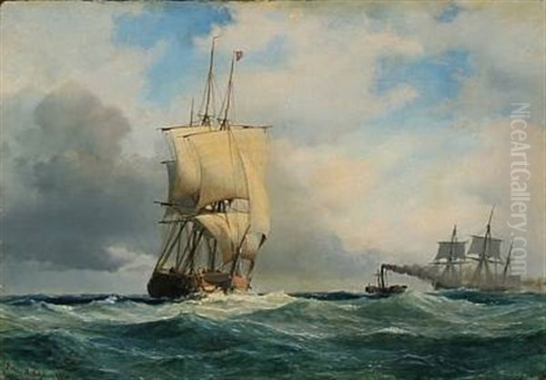 Seascape With Two Sailing Ships And A Steamer Oil Painting by Daniel Hermann Anton Melbye