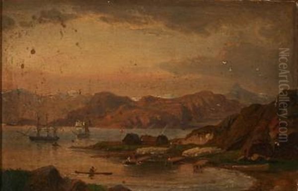 Liner Off The Coast Near A Trading Station Or Settlement (greenland?) Oil Painting by Daniel Hermann Anton Melbye