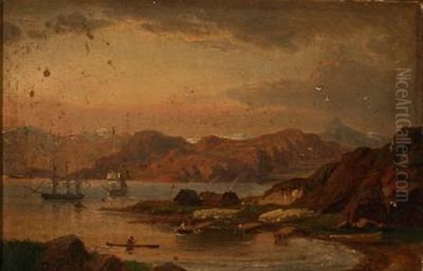 Liner Off The Coast Near A Trading Station Or Settlement (greenland?) Oil Painting by Daniel Hermann Anton Melbye