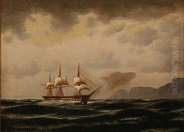 Seascape With A Danish Warship Passing A Rocky Coast Oil Painting by Daniel Hermann Anton Melbye