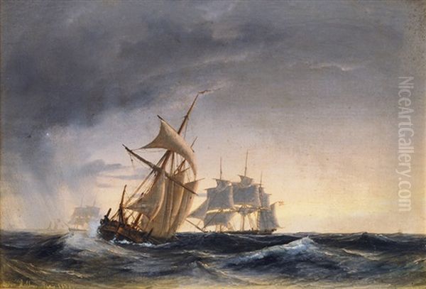 Sailing Ships In Stormy Sea Oil Painting by Daniel Hermann Anton Melbye