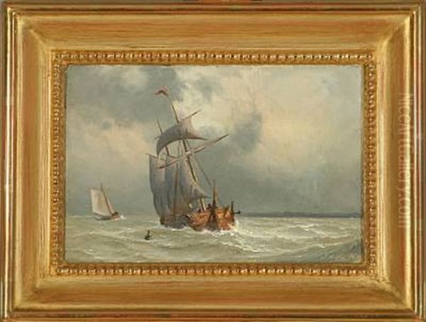 Marine With Sailing Ships On Open Sea Oil Painting by Daniel Hermann Anton Melbye