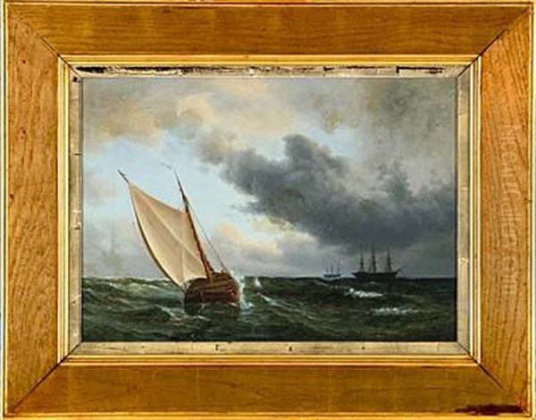 Marine With Sailing Ships On Open Sea Oil Painting by Daniel Hermann Anton Melbye