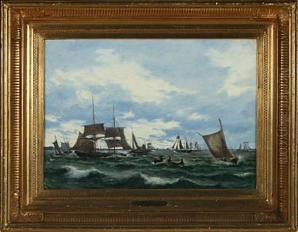 Numerous Ships And Prams On The Water Oil Painting by Daniel Hermann Anton Melbye