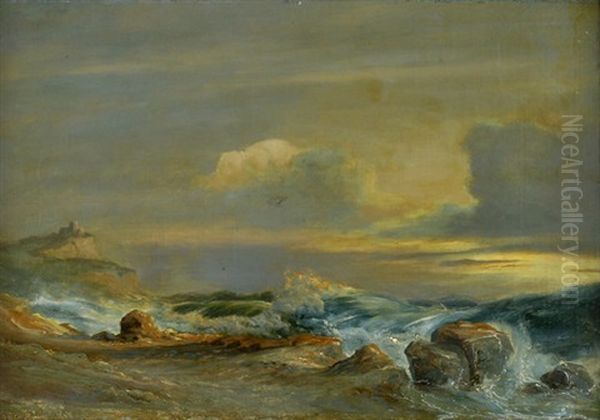 Hohe Brandung An Felsigem Strand Vor Einer Steilkuste Mit Burg Oil Painting by Daniel Hermann Anton Melbye