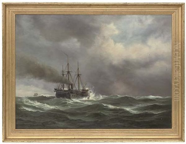 A Paddle Streamer In Heavy Seas, A Ship Beyond Oil Painting by Daniel Hermann Anton Melbye