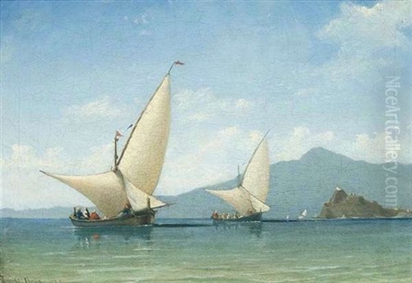 Segelschiffe Vor Gebirgskulisse Oil Painting by Daniel Hermann Anton Melbye