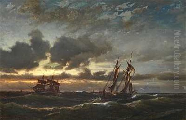 Sejlskibe Pa Havet I Skumringen Oil Painting by Daniel Hermann Anton Melbye