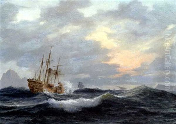 Tremaster Pa Havet Ud For En Klippekyst, Antagelig Gibraltar Oil Painting by Daniel Hermann Anton Melbye