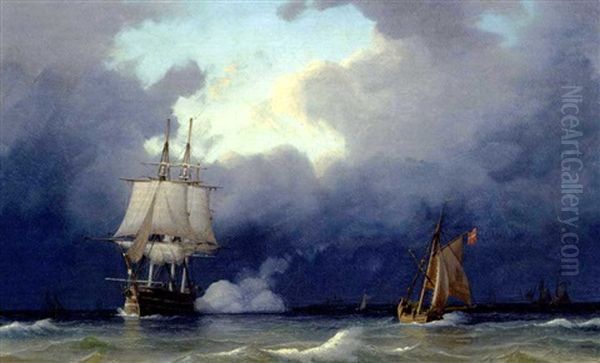 Skibe Pa Havet, Optraekkende Uvejr Oil Painting by Daniel Hermann Anton Melbye